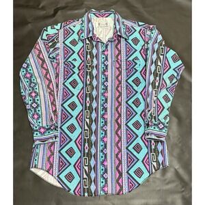 Vintage H Bar C Western Shirt Mens L Pearl Snap Cowboy Aztec Country Rodeo